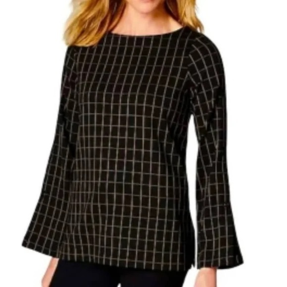 J. Jill Tops - J jill Ponte Knit Windowpane Top Black Camel Boatneck Button Sleeve Size M